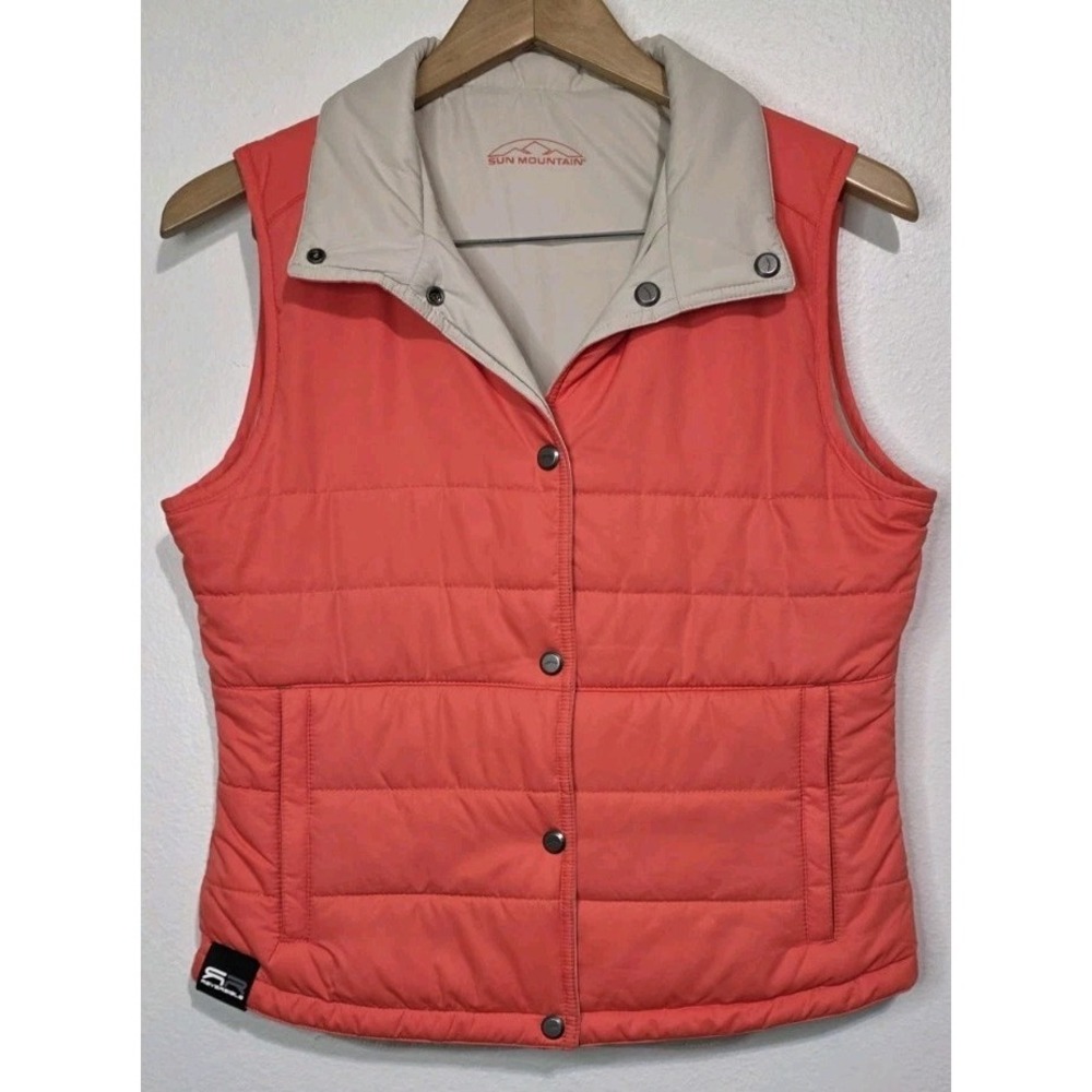 New Sun Mountain Women S Reversible Puffer Vest Coral/Tan Snap Hike Outdoor Camp